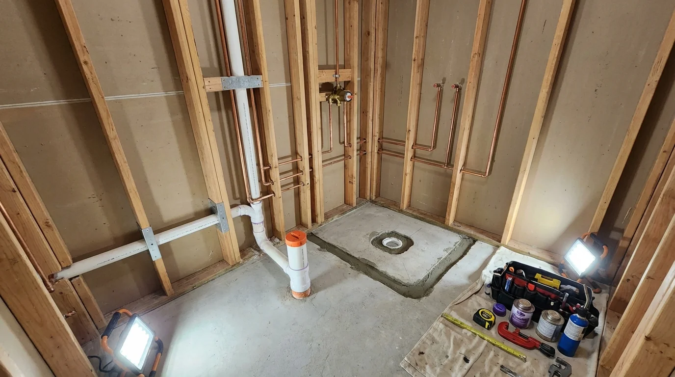 Bathroom rough-in plumbing during remodel by Johns Plumbing LLC in Schenectady