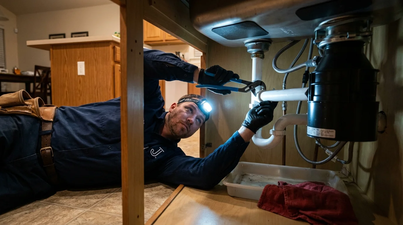 P-trap and supply line connections under a kitchen sink showing a common leak point in Schenectady, NY